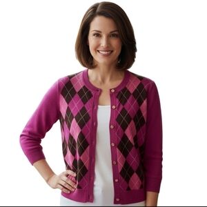 Talbots Pink Argyle Pure Merino Wool 3/4 Sleeve Cardigan Sweater Size 1Xp
